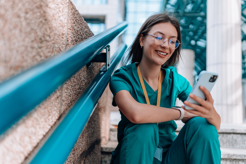 Nursing student browsing with a phone