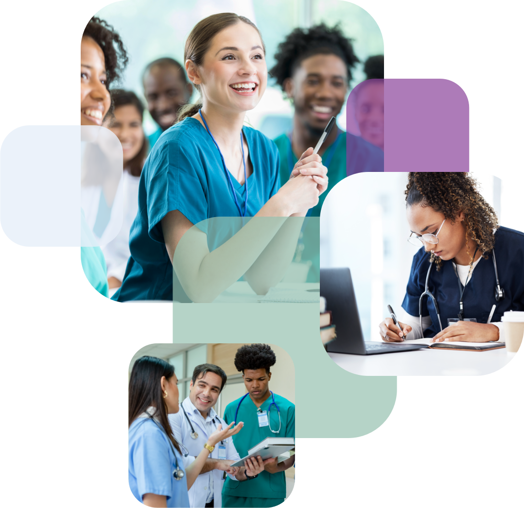 Healthcare students using Typhon tracking system on laptops and tablets in a modern clinical setting